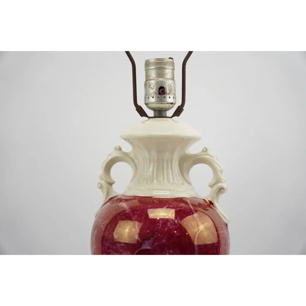 Vintage Early 1950's ‎ Handled Ceramic Shabby Chic Floral Lamp Red & White